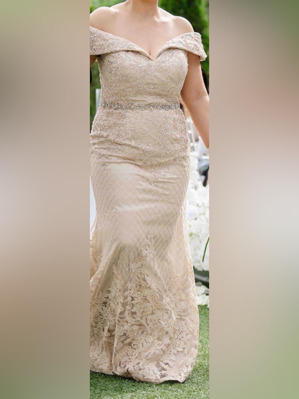 Off-Shoulder Beaded Evening Gown in Champagne - Picture 3 of 5